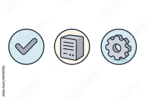 Fototapeta Checkmark, data server, and settings gear symbols for digital technology concepts