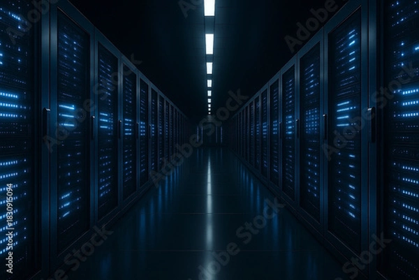 Obraz Server racks in modern server room data center - 3d illustration.