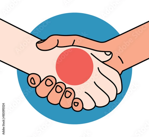 Obraz Two hands shake in agreement over a stylized red circle on a blue background.
