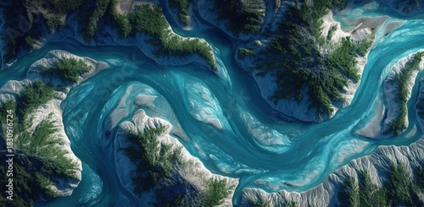 Obraz Aerial River Vista: A captivating aerial view unveils the mesmerizing network of a vibrant turquoise river, meandering gracefully through the lush landscape.
