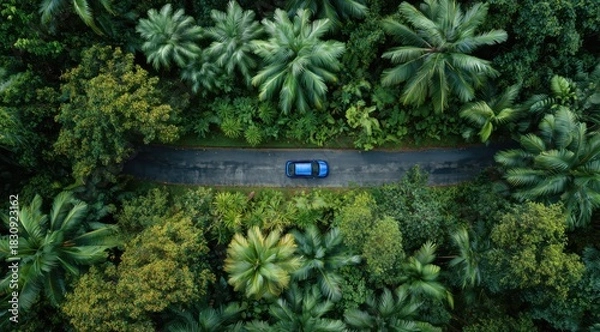 Obraz Journey through the Canopy: A vibrant blue vehicle navigates a secluded, winding road enveloped by a lush, verdant canopy of trees, embodying a sense of freedom and adventure.