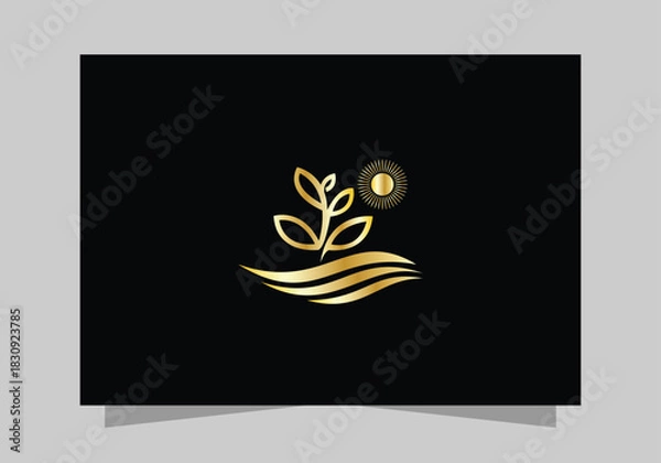 Fototapeta Agriculture and Farming Field , Eco-Friendly Plant luxurious icon, golden Farm Field logo vector design
