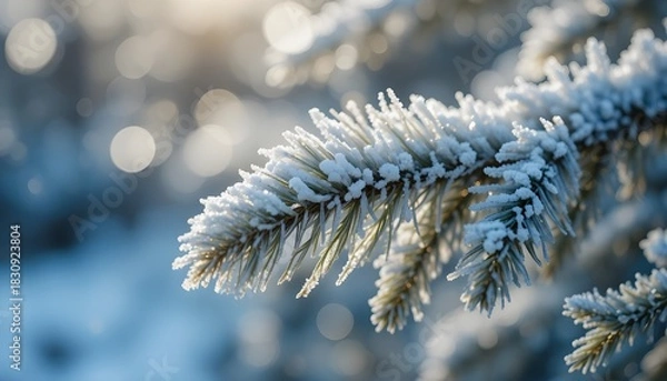 Fototapeta A hyper-realistic macro close-up of a pine branch covered in delicate frost, glowing in cold morning sunlight with sparkling bokeh for a crisp winter nature wallpaper.