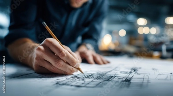 Obraz Engineer sketching blueprint
