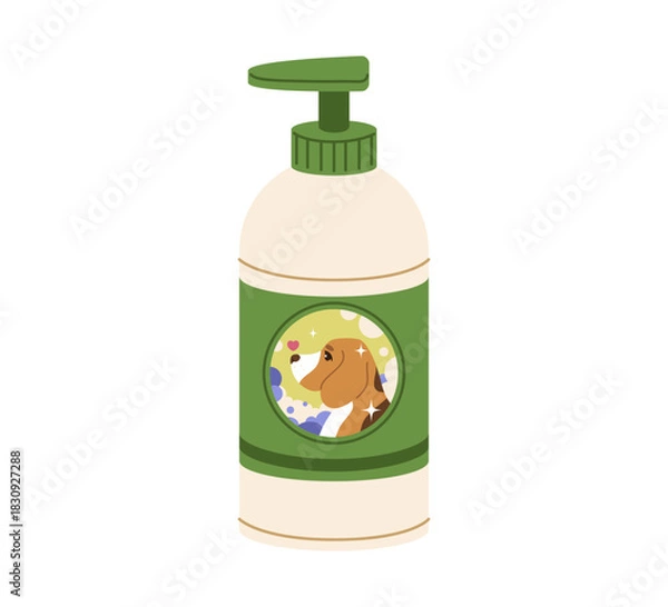 Fototapeta Dog shampoo bottle with a cute Beagle on the label. Professional pet grooming products, gel, conditioner. Isolated flat vector illustration.