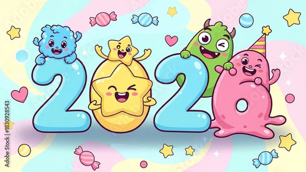 Obraz Playful 2026 Kids' Banner Design with Smiling Mascots and Rounded Typography