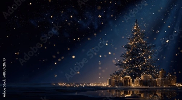 Obraz Festive Radiance: An illuminated Christmas tree adorned with twinkling lights stands majestically amidst softly falling snow and presents, evoking the warm embrace of the holiday season.