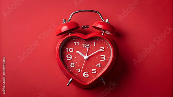 Fototapeta A vibrant red heart shaped alarm clock with a classic bell top design sits against a solid red background