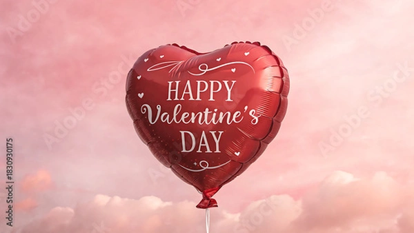 Fototapeta A single shiny red heart shaped balloon with happy valentine s day written on it floats against a soft pink sky with clouds