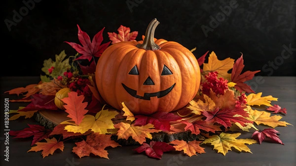 Fototapeta A cheerful carved halloween pumpkin sits proudly amidst a vibrant cascade of autumn leaves on a dark wooden surface