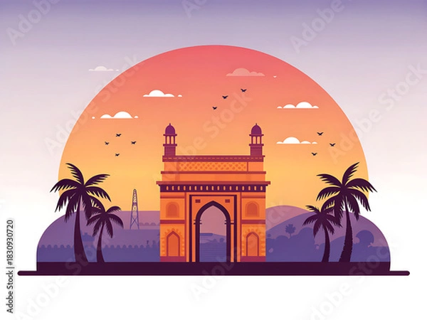 Fototapeta Gateway of India in sunset palette, flat vector
