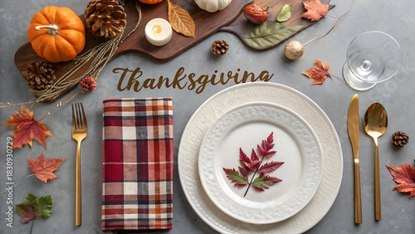 Fototapeta Elegant thanksgiving table setting with autumnal decor pumpkins pinecones and festive napkin ready for a holiday feast