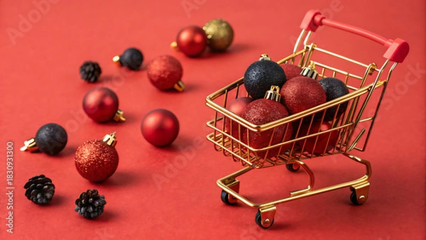 Fototapeta Festive Christmas ornaments overflowing from a miniature golden shopping cart on a vibrant red background