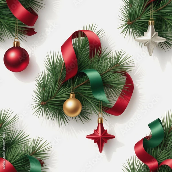 Fototapeta Christmas tree branch decoration with ornament isolated on white background