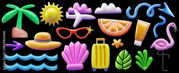 Fototapeta Bright and glossy 3D vector illustration set with summer and vacation elements.Includes tropical palm tree,beach hat, sunglasses, airplane, suitcase,waves,clouds,sun,flamingo,leaves,citrus slice,star