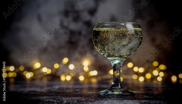 Fototapeta An elegant glass of bubbly sparkling wine poised for celebration against a dark, moody background with glowing golden bokeh lights