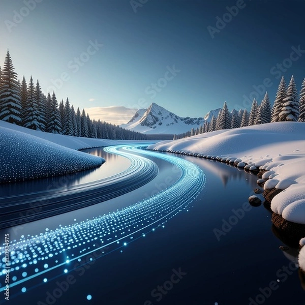 Fototapeta A futuristic digital river of glowing blue data streams flowing through a pristine, snow-covered mountain landscape at dawn
