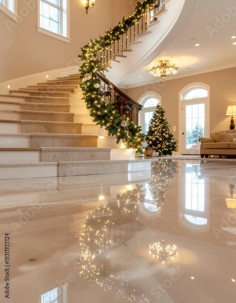 Fototapeta Opulent holiday elegance in a luxurious foyer featuring a grand staircase adorned with Christmas garland and lights reflecting on a polished marble floor