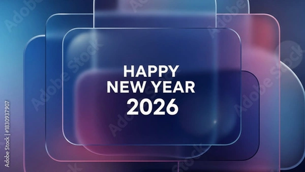 Fototapeta Glass morphism Happy New Year 2026 Poster with Translucent Gradient Shapes and Dreamy Lighting