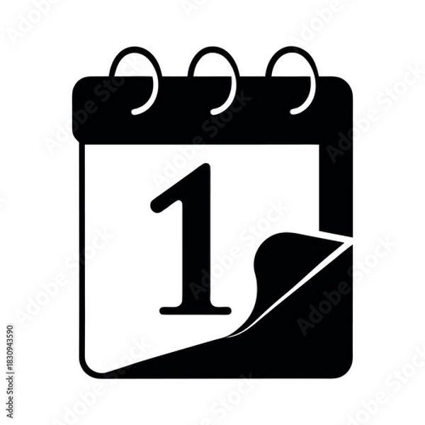 Fototapeta Silhouette of a calendar page turning to January 1st, black vector, minimal, white background