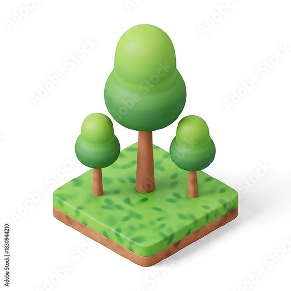 Fototapeta Isometric Trees on Green Patch - A Low Poly 3D Render.