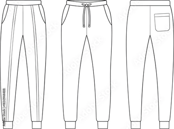 Obraz Slim tapered jogger pants technical flat sketch front back side views elastic waistband drawstring ribbed cuffs side pockets tailored pleat