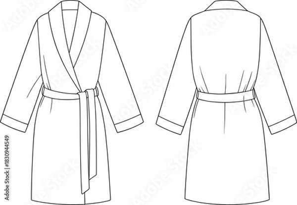 Fototapeta Short shawl collar bathrobe technical flat sketch front and back view garment template fashion vector outline design with belt and cuffs