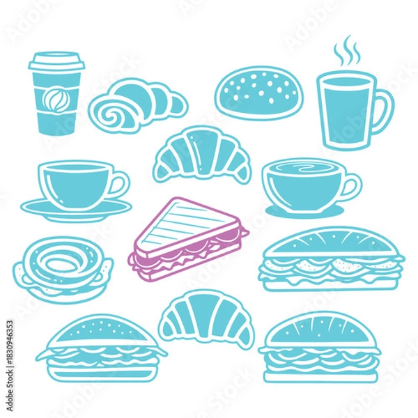 Fototapeta Various Breakfast and Lunch Items in Vector Format with Croissants Sandwiches Coffee and Burger
