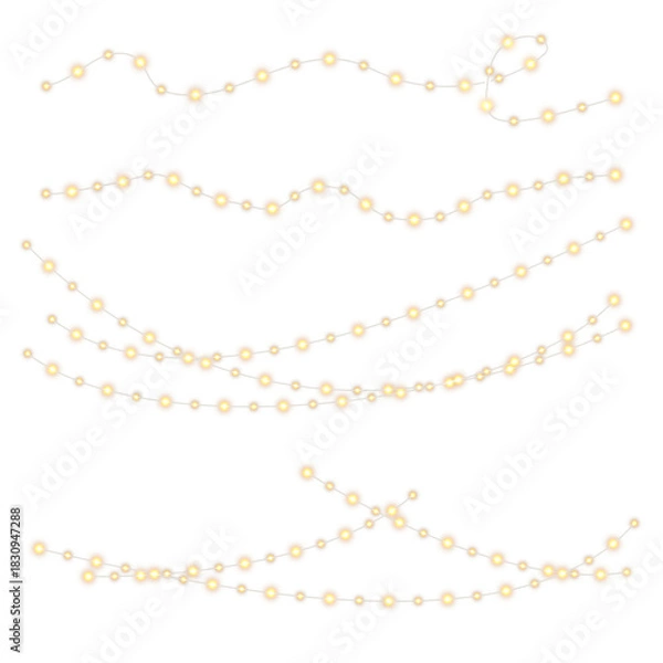 Fototapeta Christmas garland icon collection with glowing neon-style lights, colorful bulbs, and realistic illumination effects isolated on transparent background for festive vector graphics and UI elements
