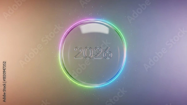 Obraz Minimal 3D Glass Badge with Embossed '2026' and Iridescent Highlights on Gradient Haze Background