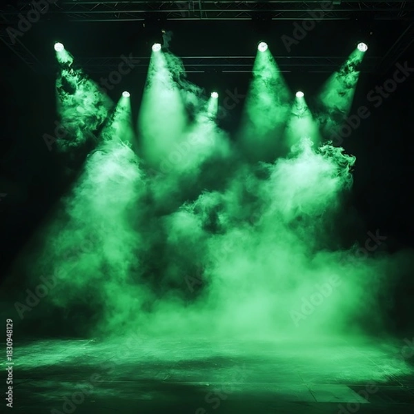 Fototapeta Green stage lights glowing through heavy smoke high resolution picture