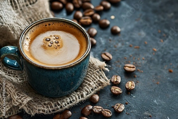 Fototapeta Hot creamy coffee resting on burlap cloth high resolution picture