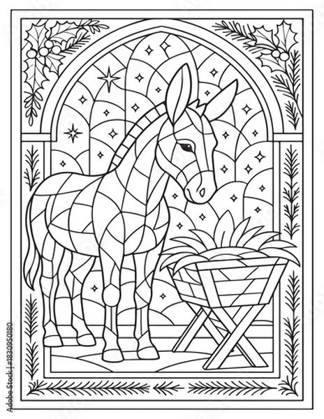 Fototapeta Stained glass style Donkey and manger nativity scene coloring page black and white outline style