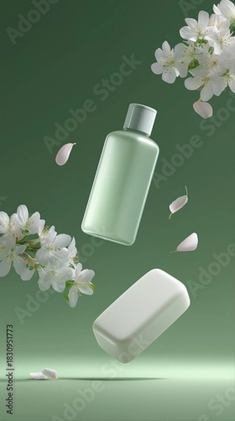 Obraz Floating green soap and bottle surrounded by blossoming white flowers on green background