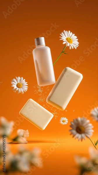 Obraz Natural soap and shampoo products with chamomile on vibrant orange background