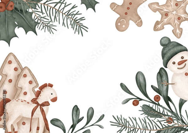 Fototapeta Horizontal Banner watercolor illustration with horses, pine branches, for tree, bow. Postcard for holly and red berries and sweet cookie gingerbread. Hand drawn new year illustration snowman.