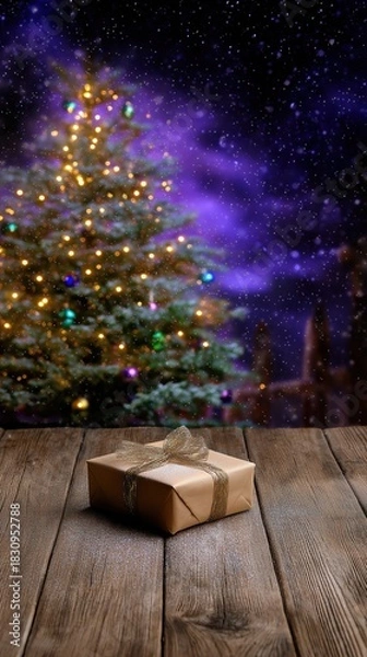 Obraz Festive gift wrapped in brown paper on wooden table with christmas tree and purple night sky