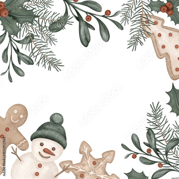 Fototapeta Square frame watercolor illustration with pine branches, for tree, bow. Postcard for holly and red berries and sweet cookie gingerbread. Hand drawn new year illustration snowman.