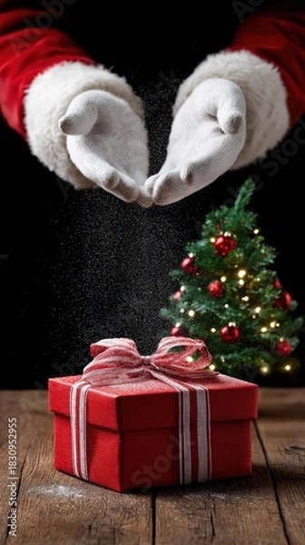 Obraz Santa's hands sprinkle magic snow over gift and festive christmas tree