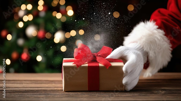 Fototapeta Santa claus hands presenting gift with red bow in festive holiday setting