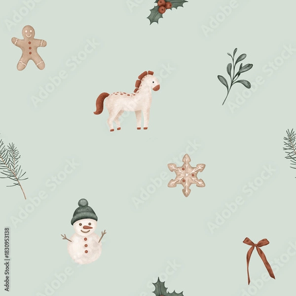 Fototapeta Christmas seamless pattern with symbol new year 2026, horses, pine branches, for tree. Repeat ornament with illustration holly and red berries and sweet cookie gingerbread and snowman.