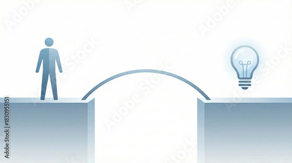 Obraz Blue stylized human figure crosses a strategic arched bridge connecting to a glowing lightbulb idea across a deep gap, symbolizing problem-solving and innovation.