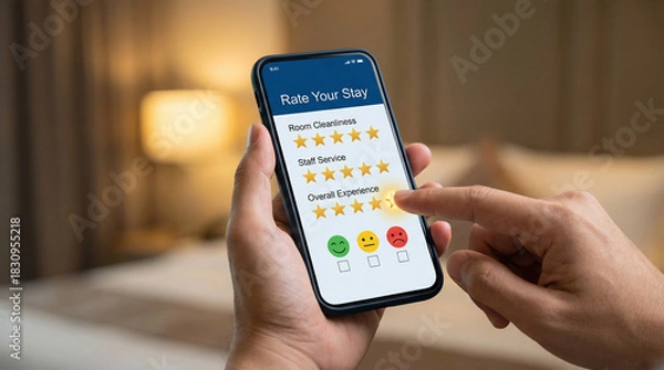 Fototapeta Customer's hand giving a three-star rating for overall hotel experience on a smartphone app, providing negative feedback in a blurred hotel room.