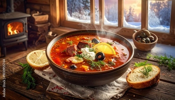 Obraz Hearty Soup Preparation in a Cozy Winter Cabin with Rustic Elements