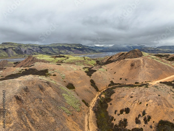 Obraz Aerial view of colorful hills around  Hvannagil,  Iceland