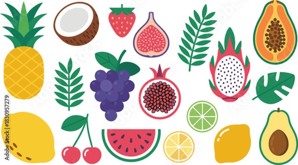 Fototapeta Mega Colorful Tropical Fruit Vector Collection Set Featuring Pineapple, Papaya, Dragon Fruit, Avocado, Pomegranate, Fig, and Assorted Fresh Produce with Leaves.