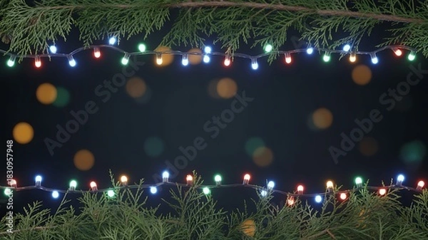Fototapeta Colorful Christmas Lights Framed with Evergreen Branches on Dark Background
