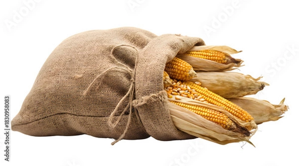 Obraz Pile of Dry Yellow Corn Cobs and Loose Kernels Spilling from a Rustic Jute Sack isolated on a transparent background 