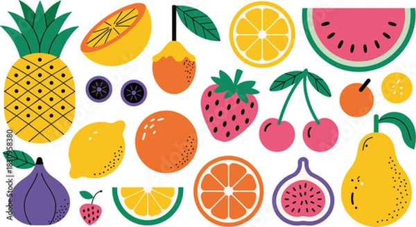 Fototapeta Bold Flat Design Tropical Fruit Vector Set Featuring Pineapple, Watermelon, Fig, Strawberry, Cherry, Lemon, Orange, and Pear for Health and Food.