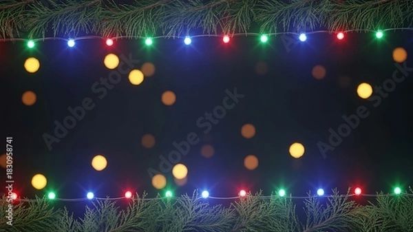Fototapeta Colorful Christmas Lights Border with Fir Branches and Soft Golden Bokeh on Dark Festive Background
